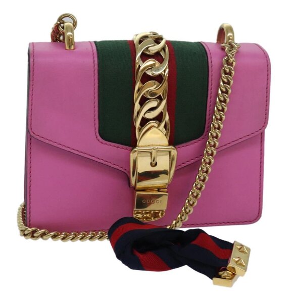 GUCCI Sylvie Web Sherry Line Mini Chain Bag Leather Pink - Picture 1 of 16